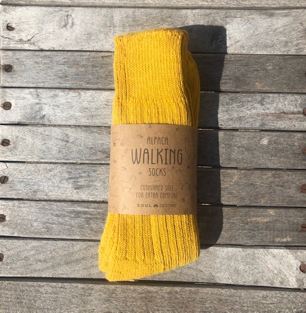 Alpaca walking socks, 75% Alpaca wool. Thick socks with a cushioned sole. Mustard Yellow